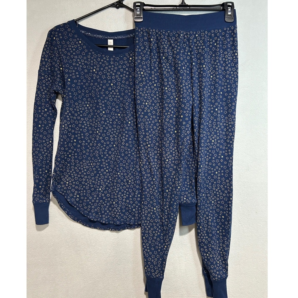 Gillian & O'Malley‎ Pajama Set Women XS Navy Blue Gold Star Waffle Knit Thermal